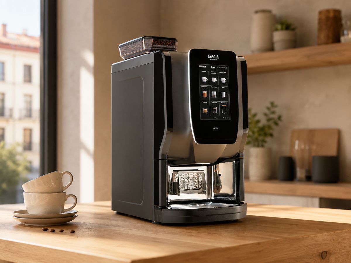 Cafetera superautomática profesional con molino de grano y pantalla táctil, sobre la encimera de madera de un coworking